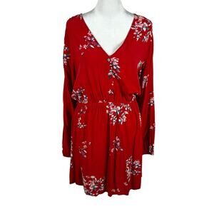 GAP Red White Floral Long Sleeve V-Neck Mini Button Dress Medium Boho Casual